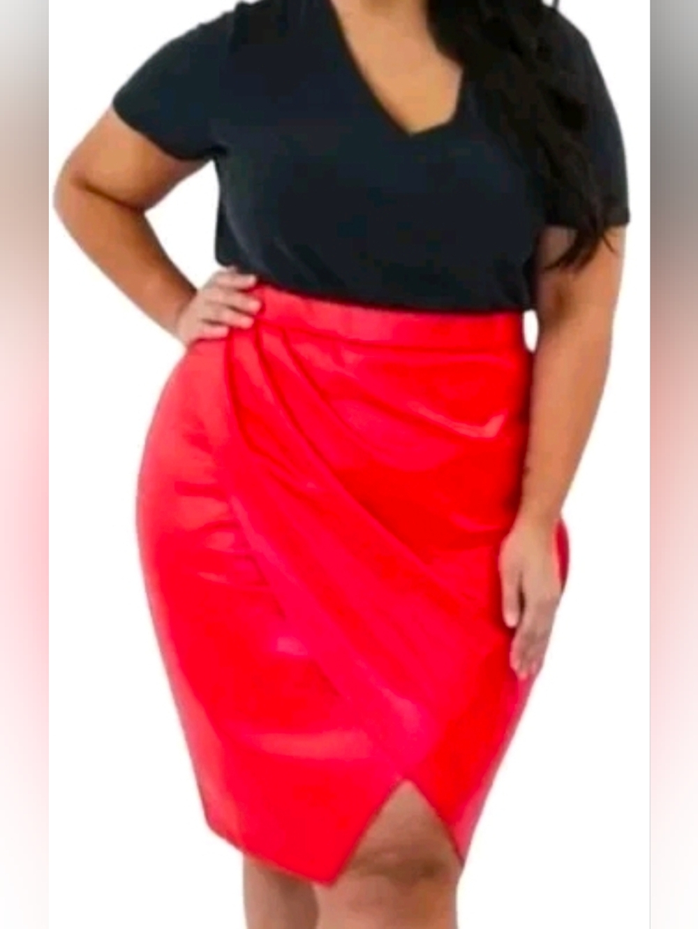 Maree Pour Toi Bright Red Faux Leather Pencil Skirt with Front Vent Size 24